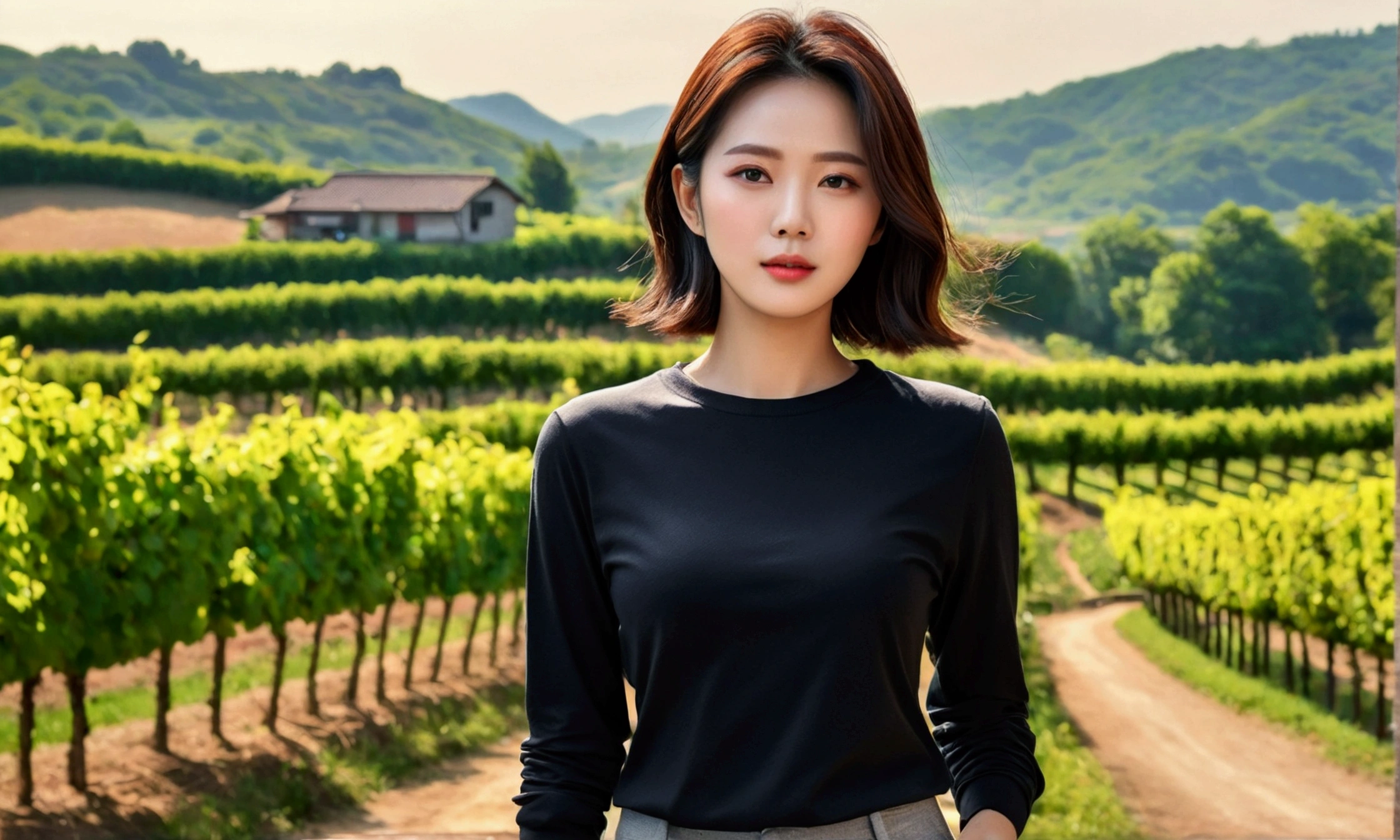 Korean woman with short and medium hair wearing a luxury brand long-sleeved shirt, short and , very beautiful.!, Get inspired by Son Ye-jin, 8K vertical rendering, photo realistic beautiful face, big eyes,double eyelid, black eye, Wear a dark round neck t-shirt. gray casual pants. Warm light in a vineyard in the Italian countryside, The morning sun shines beautifully. Standing on a curved path. (digital painting, HDR, high contrast),, (best quality:1.4, 8k 3D, 45,000,000,000,pixel,),(masterpiece:1.3),(sharp focus:1.2),(Full body shot with Canon camera 16-35 wide angle lens, Standing on a curved path,