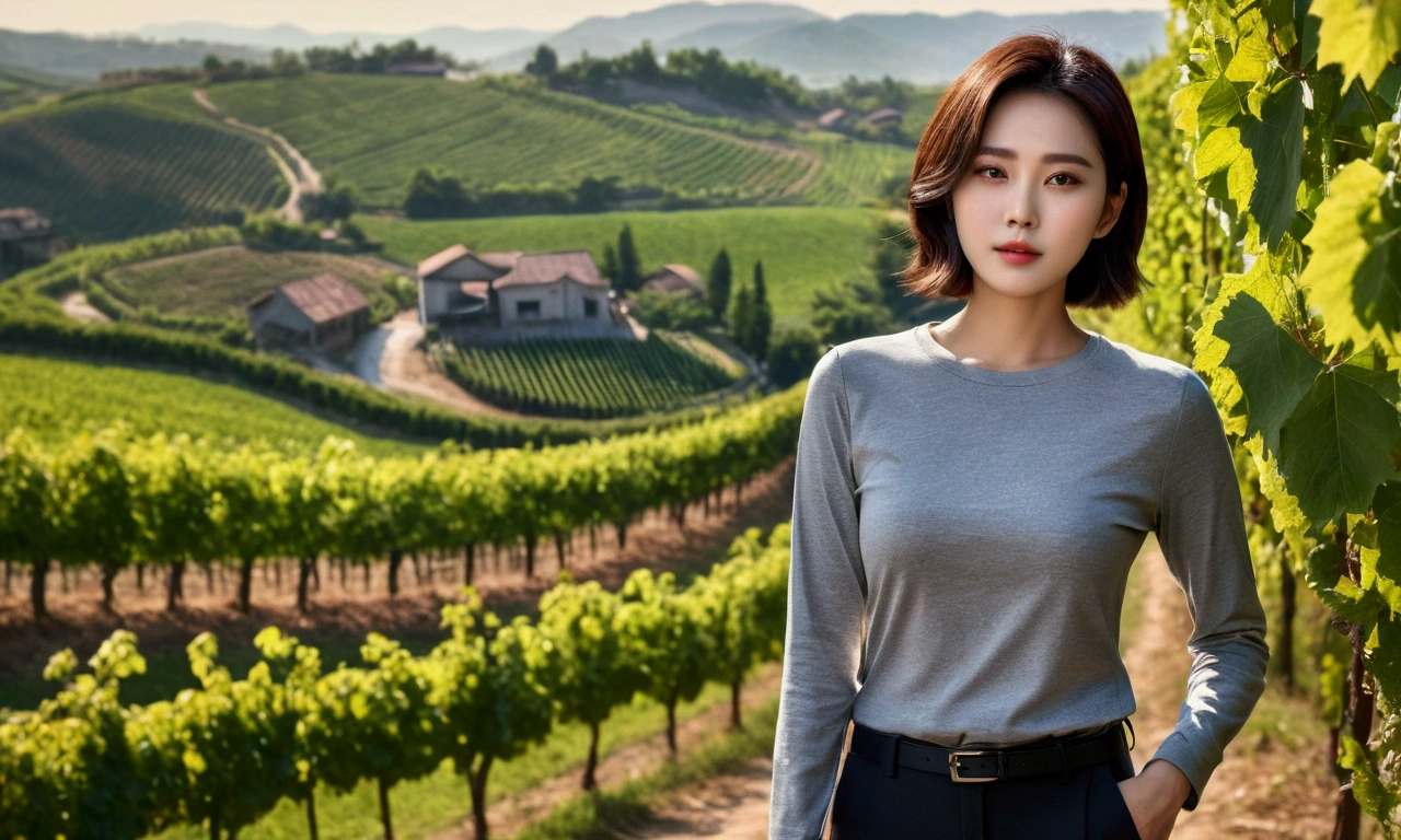 Korean woman with short and medium hair wearing a luxury brand long-sleeved shirt, short and , very beautiful.!, Get inspired by Son Ye-jin, 8K vertical rendering, photo realistic beautiful face, big eyes,double eyelid, black eye, Wear a dark round neck t-shirt. gray casual pants. Warm light in a vineyard in the Italian countryside, The morning sun shines beautifully. Standing on a curved path. (digital painting, HDR, high contrast),, (best quality:1.4, 8k 3D, 45,000,000,000,pixel,),(masterpiece:1.3),(sharp focus:1.2),(Full body shot with Canon camera 16-35 wide angle lens, Standing on a curved path,