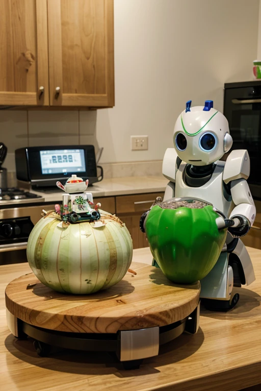 An onion chopping board that comes with a small robot, a small robot that fits on a table, that the robot is the one that has functions to chop vegetables automatically, that the image shows both the complete chopping board and the robot.