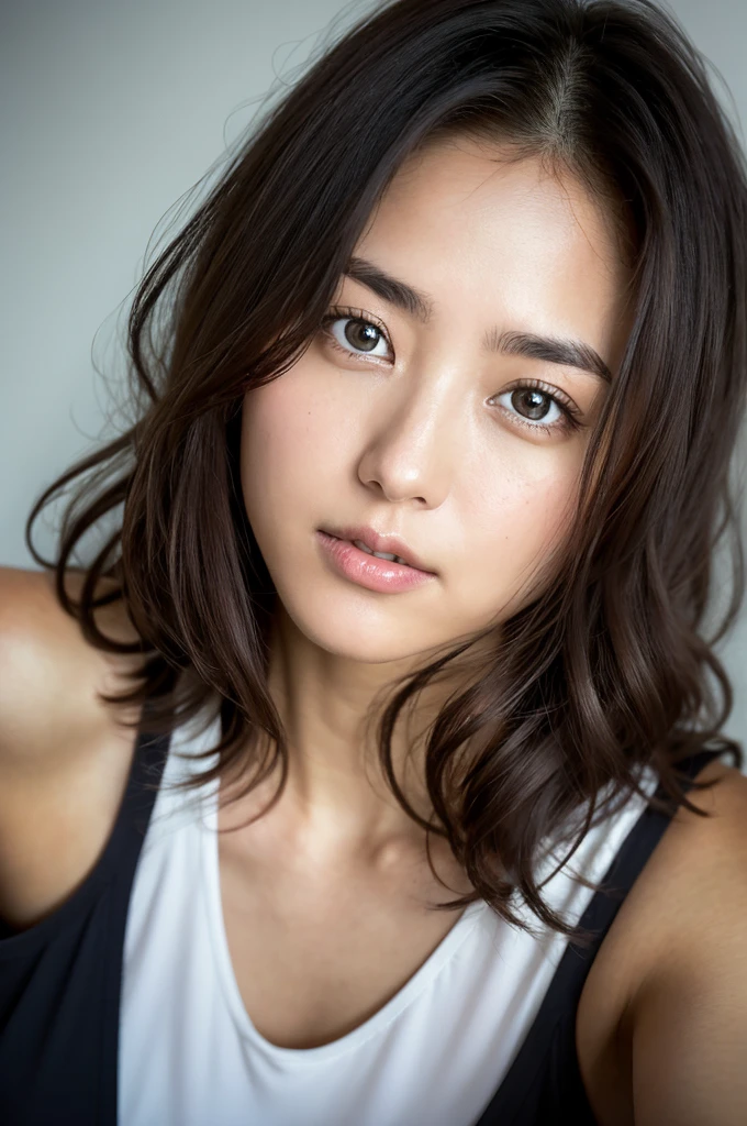 You are a professional gravure photographer.。future、Beautiful Eyes、 ((highest quality)), Clear contours, Woman with beautiful face, (((One Girl,alone))), ((Beautiful Eyes)), Sex Appeal,Albedo and Specular Maps、Accurate simulation of lightweight material interactions、Thigh shot、Three-dimensional background、Bob Hair、Fully open white tanktop shirt, standing straight, cleavage is visible,