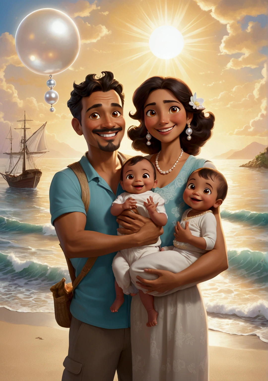 Show Kino holding the pearl above his head, with his wife Juana and their baby, Coyotito, smiling with hope. at the sea background, The characters should have expressive, joyful faces, with the pearl reflecting light brightly.