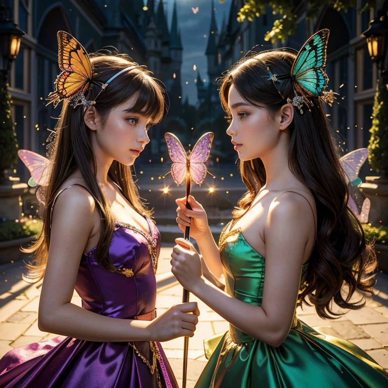 (masterpiece, best quality:1.5), highest quality, High resolution, super detailed, Realists, Upper body photo of a brunette -yeld maal girl, detailed and beautiful eyes, beautiful detailed lips, very detailed eyes and face, longeyelashes, shiny satin dress, Holding a magic wand in your hand, Cast a transformation spell, Spiders become butterflies, Magic wands present and shiny, Beautiful and colorful makeup, elegant and noble々The jewelry bag, Gardens as background, soft daylight, bright colors, fine brushstrokes, Portrait style, Silk dress fabric, beautiful color palette, glowing skin, First-class rendering, that captures every detail, enchanting atmosphere, subtle shadows and lights, (perfect anatomy:1.2), (The two stunning 14 and 12Girls transform spiders into butterflies (a transformation with the magic wand:1.4), (magnificent panorama view:1.2)
