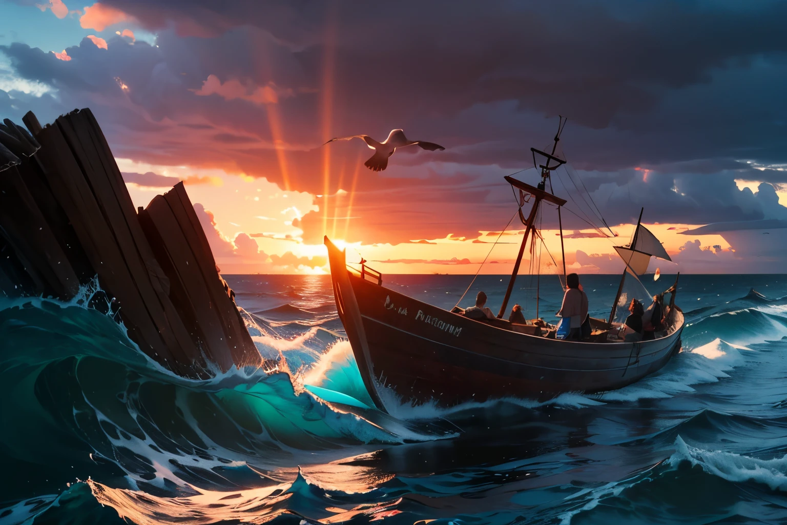 a galleon ship wrecked during a violent storm, a small group of persons on a raft made of tree trunk adrift in the raging sea, detailed ocean waves, dramatic sky with dark storm clouds, sunlight piercing through clouds, silhouettes of the stranded people, driftwood and debris floating in the water, seabirds circling overhead, turbulent seas with rough white caps, backlit by dramatic lighting, muted color palette, cinematic composition, hyper-realistic, 8k, masterpiece