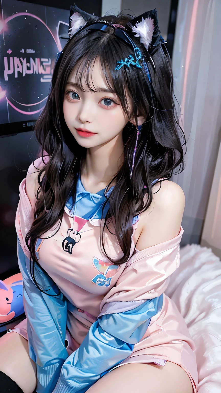 /imagine a beautiful anime girl live streaming from her room, with long black hair, big blue eyes, wearing a pink hoodie and a cute headset with cat ears, sitting in front of a modern computer setup with colorful LED lights, surrounded by plushies and posters on the wall, smiling and engaging with her audience, bright and cheerful atmosphere Hide your skin