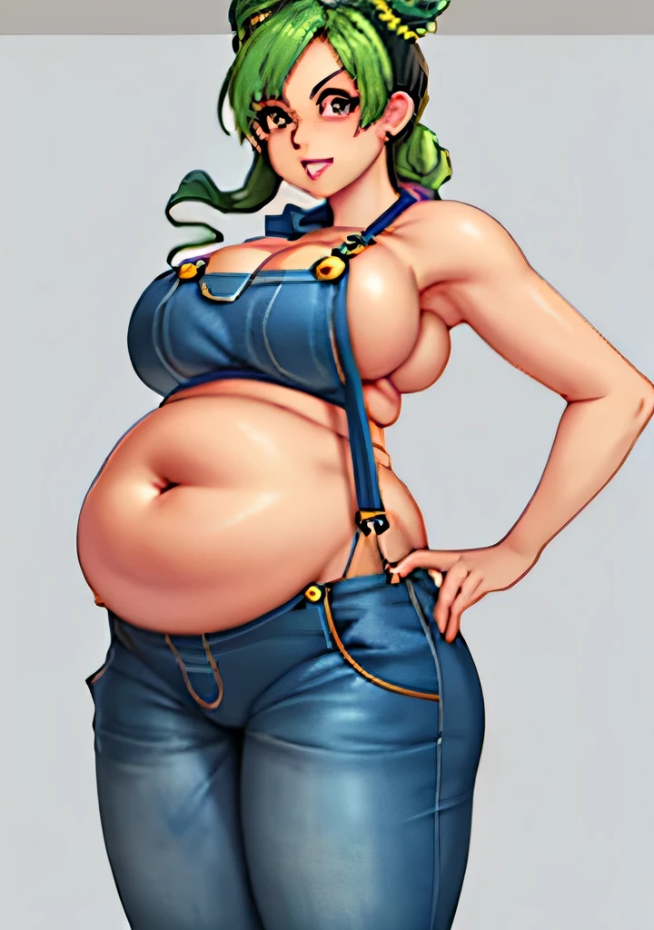 art by kipteitei, 1girl, Jolyne, (best quality, masterpiece), Overalls, chubby, huge breasts, hands on belly, POV