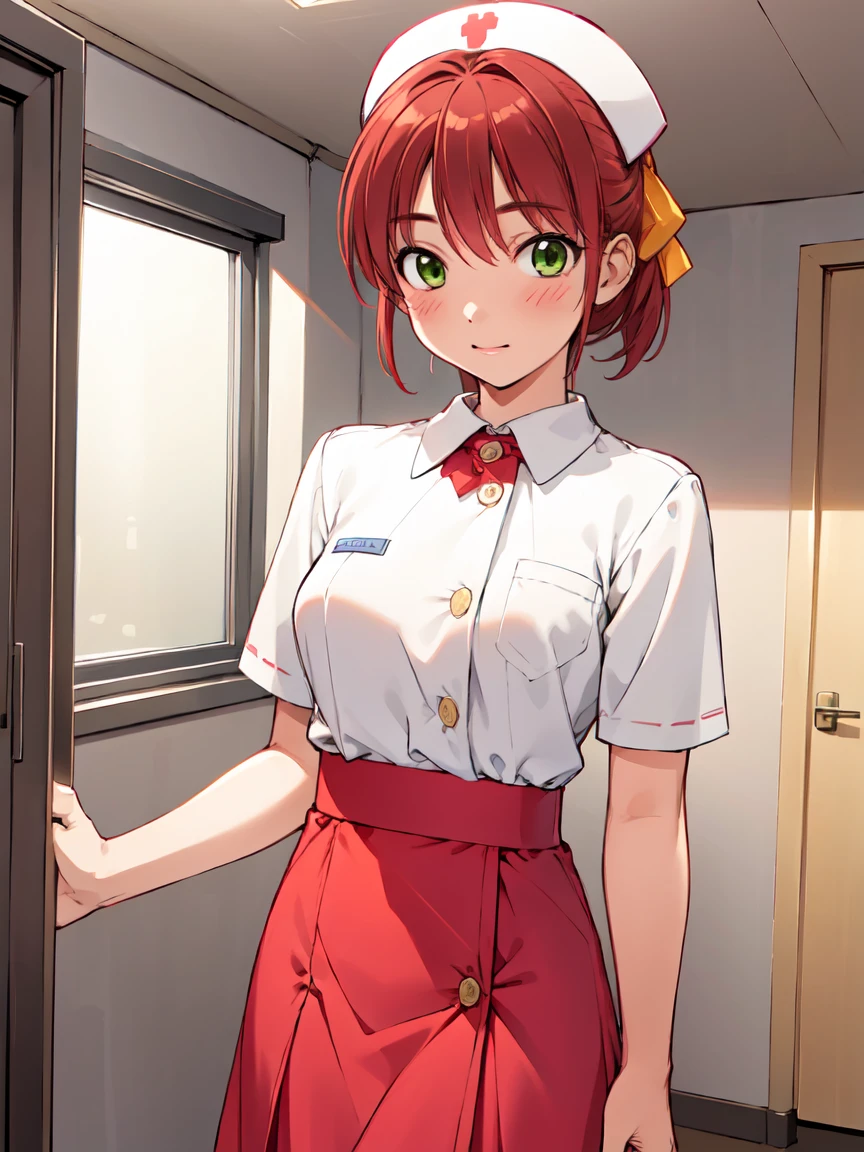 nurse uniform, nurse cap, Long skirt, nurse, (White costume), girl, alone, (mina_Hayase), Red Hair, Green Eyes, bangs, Yellow hair ribbon