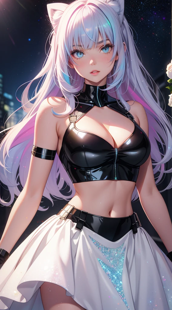 realistic, 1girl, holographic hair, heterochromic eyes, glowing eyes, holo crop top, holo skirt, parted lips, blush, night, white roses, pastels, glitter, sleeveless, cleavage