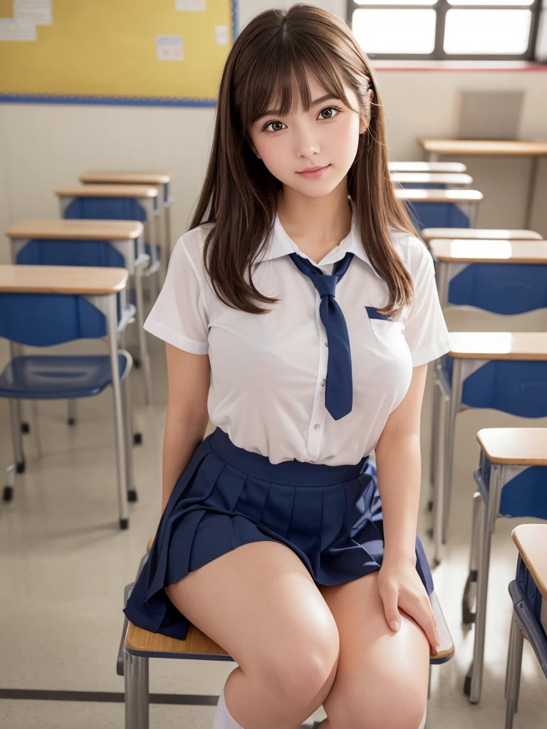 masterpiece,Highest quality,Very detailed,High resolution,(Realistic, photoRealistic:1.37),Excellent anatomy, One beautiful woman,20-year-old,Height: 152cm,high school girl,A small smile,Gravure idol, high school girlの制服,(shape), Super Short Check Uniform Skirt,Navy blue knee-high socks,No underwear,((Very delicate and beautiful)),((High school classroom:1.2)),locker room,Schoolyard,Brown Hair,Long Hair,bangs,Very beautiful face,Cute type,Big Natural Color Lip,Small and cute nose,Big and pretty eyes,Brown eyes,Obvious double,Shiny highlight spots around the eyes,Character Focus,Tilt your head,The best light,Best Shadow,mysterious,Perfect Face,Very detailed, Soft Skin,(Glowing Skin, Sweaty: 1.3),Beautiful feet,Voluptuous thighs,Plump body,Huge breasts,(Expresses the roundness and softness of the chest area.........1), Beautiful body,(The perfect woman),((Gravure idolのポーズ))