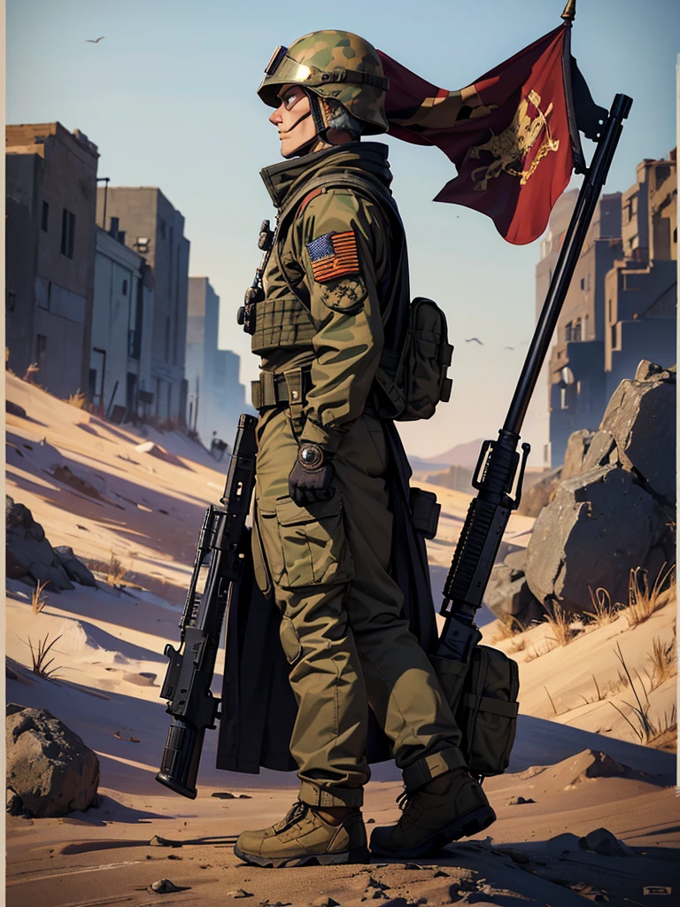 create a print, fully body, skeletor, military look, helmet, backpack and rifle, military banner, detailded, walking, profile view. 