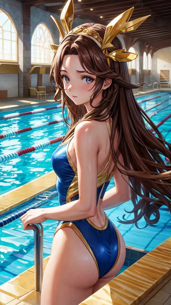 The character has long brown hair that is exposed on the forehead, wears a blue swimsuit and a golden headdress, and the background is a beautiful indoor swimming pool.