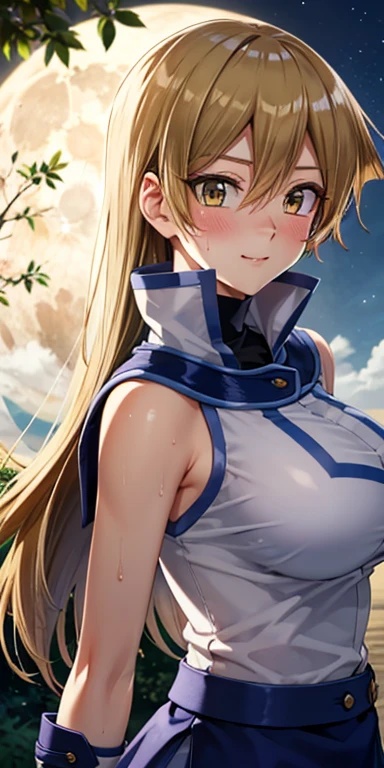 1 Female,High definition,high resolution,Ultra-realistic,8K, 8K, ta1,blonde hair,long hair,yellow eyes, white jacket, sleeveless, blue skirt,tight skirt , miniskirt,fingerless gloves,European,sexy,Upper body close-up,Photographed from the front,Dynamic Angles,(blush), big tits , happy, wink the eye,facial, sweat,multicolored hair , outdoors, moonlight, night ,leaf , windy,tree background 