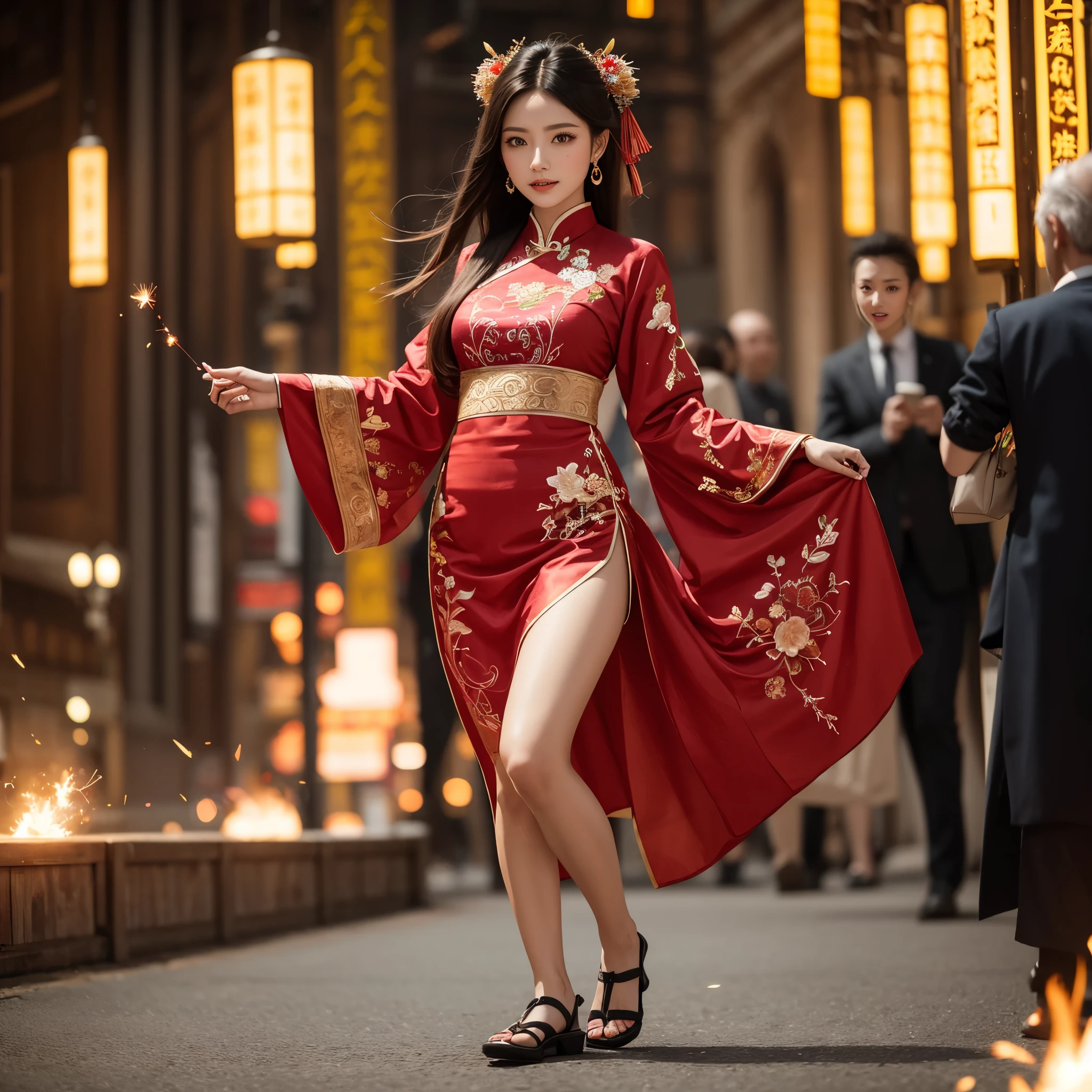 (High-level (UltraDetailed ProfessionalPhoto)), 8K Masterpiece TopQuality, Absurd Detailed Lighting, PerfectLighting, Extremely detailed (BeautyGoddess Standing in a Vertical Dropping Ray), aesthetic LifeLike Rendering, BokeH (oodles Firecrackers Spark and Haze), Unreal flamboyance, see-through upskirt Assfocus RoundlyButts, (Tindall Effect Scattering), { fujian tulou | Traditional Hakka Clothes | perfect ratio | hime cut | luxury | jewelry | ornate | hairpin | Menstruation | Exposed },(Elaborate embroidery with Transparency) BREAK (FullBody:1.28). (((Extremely detailed Beautiful Face and Eyes))) Radiant PearlSkin with Transparency, (Dynamic LifeLike expressions:1.4)
