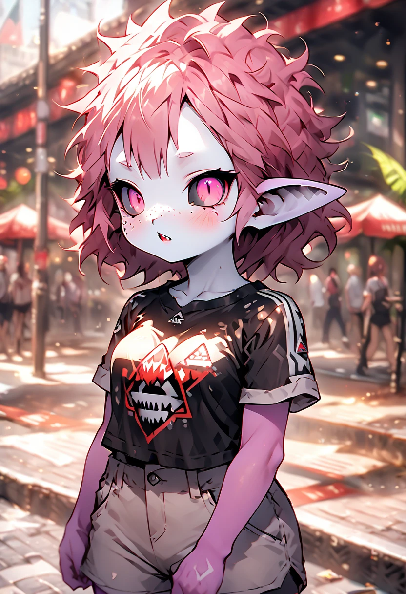 solo female, short messy hair, dark pink hair, black sclera, pink eyes, freckles, small snout, shark humanoid, triangular ears, large breasts, extremely slim waist, shark teeth, day, sidewalk, close up, short girl, pink skin, white skin, two color skin, animal snout, tight shirt, shorts, tomboy, cheerful