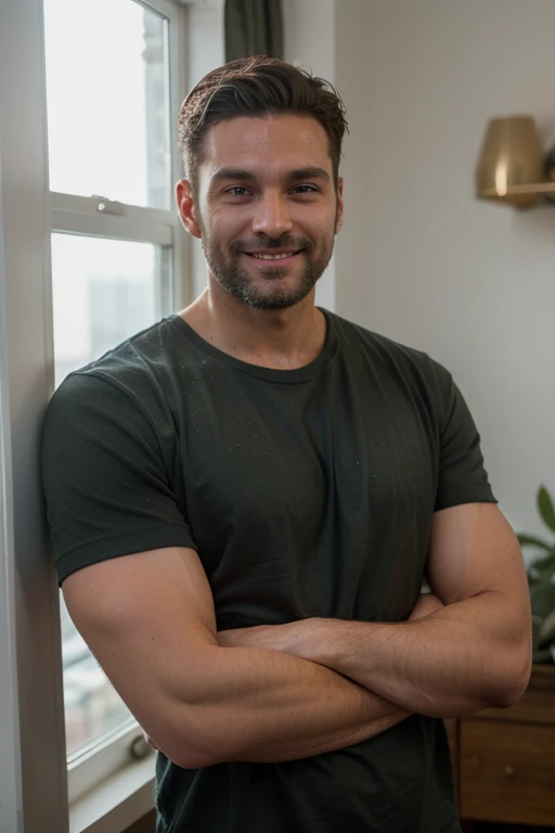 Tall 1.85 metres, English Male, 38 years old, muscular, thin, unshaved stubble beard, olive skin, tanned, handsome green eyes, deep sight, wavy long hair above shoulders, classy dressed casual badass, in black clothes smiling, he wears pyjamas