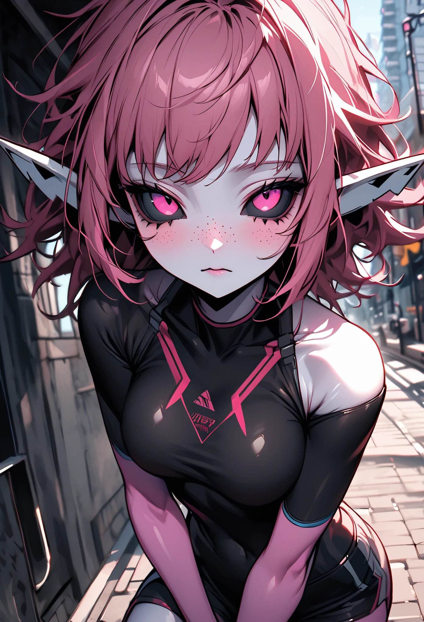 solo female, short messy hair, dark pink hair, black sclera, pink eyes, freckles, small snout, shark humanoid, triangular ears, large breasts, extremely slim waist, shark teeth, day, sidewalk, close up, short girl, pink skin, white skin, two color skin, small snout, tight shirt, shorts