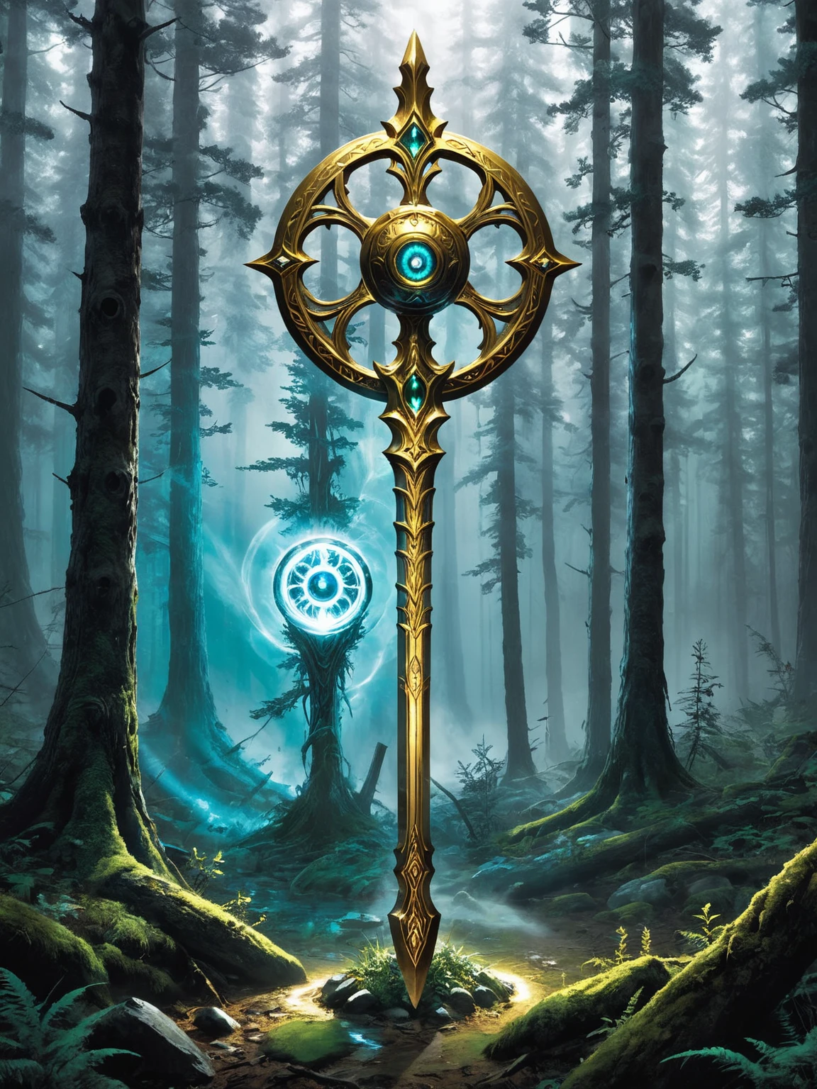 The time: mid-18th century. (((The setting of boreal forests, at the end of a cold and harsh winter))). A mercenary specializing in weapons and forest creatures, after a boring lull, his mission is to seek out and end a supposed specter called Ankron, who has been tormenting the village, stealing souls to continue living eternally. The specter could only be exterminated before midnight of the Spring Equinox by the blade of a lost relic: ((( the GOLDEN AX))). which was inside a (((transparent and energized orb in the freezing forest)), a powerful weapon inlaid with two Rubies looking like eyes in the darkness. best quality, 8k.