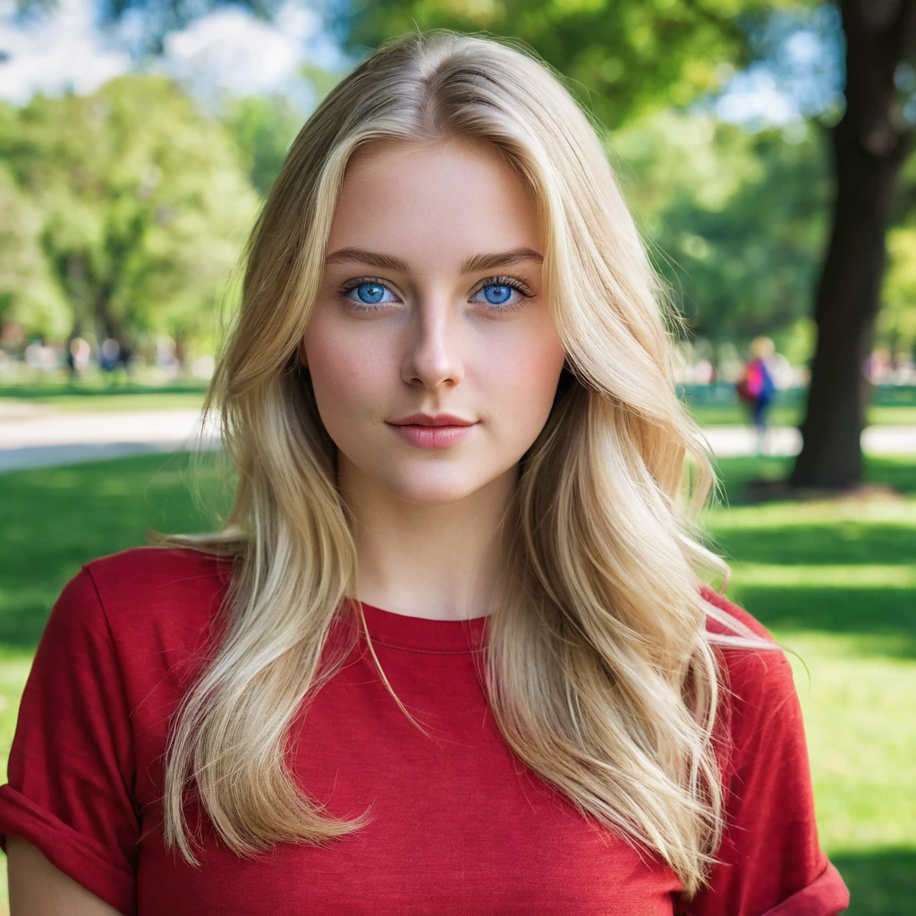 "A photorealistic picture of a 25-year-old American girl with long, medium size bust,tiny attractive nose, flowing blonde hair and striking blue eyes with wearing red shirt and jeans. She should have a natural, approachable expression and be illuminated by soft.Instagram photo. She is in the park, her hands are not captured in the photo, Capture this image with a high-resolution photograph.