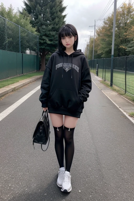 Semi-white girl 1.75 meters high... with black round missing,fishnet stockings, and black socks, black sweatshirt and tennis shoes. black hair with fringe