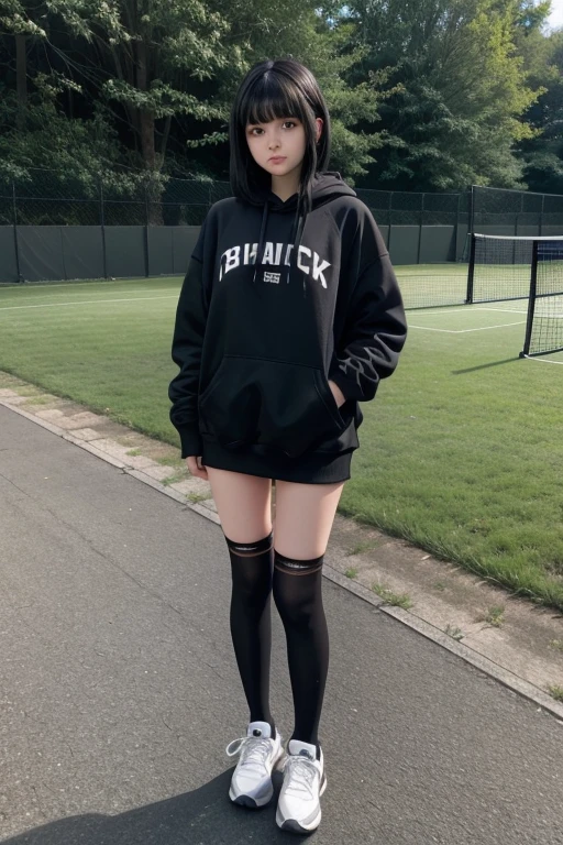 Semi-white girl 1.75 meters high... with black round missing,fishnet stockings, and black socks, black sweatshirt and tennis shoes. black hair with fringe