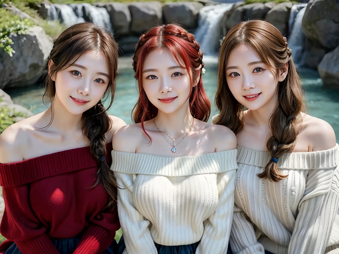 ( 3 girls),smile、Look into the camera、Diamond necklace、long hair braid((Wear a red off-the-shoulder sweater.)) exposed upper arms、Blue-green striped knee-length socks Extra long twin tail hair、close range shooting、Flower Hair Ornaments、Blindfold、Garter、 Masterpiece, Highest quality, 8ก, beautiful girl, young face、 photography, Cute face, thigh,(waterfall),、รอยsmile、small waist,(((The chest is erect.:1.0)))(((round chest:1.0)))(((big breasts:1.1)))