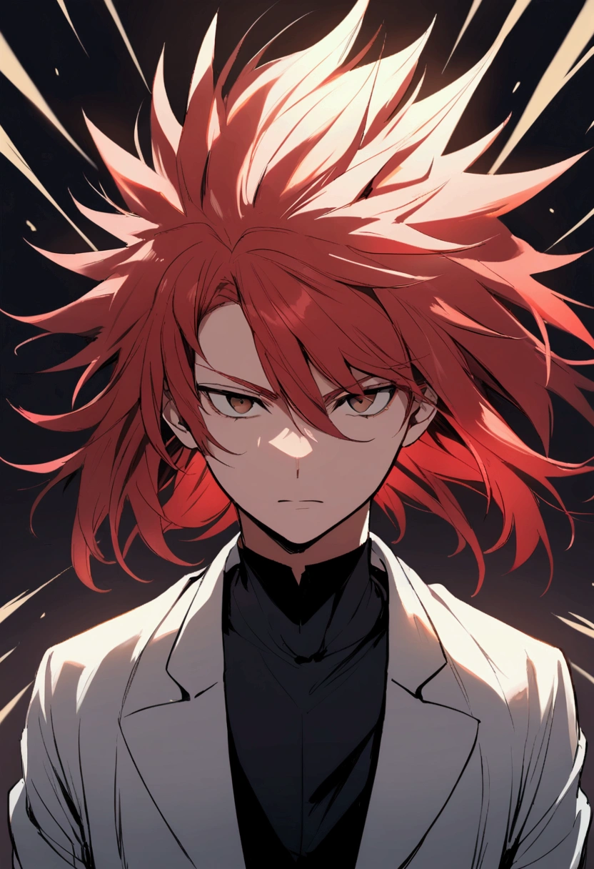  boy, spiky hair, medium length hair, light red hair, Brown eyes, white  shirt, school blue jacket, normal face