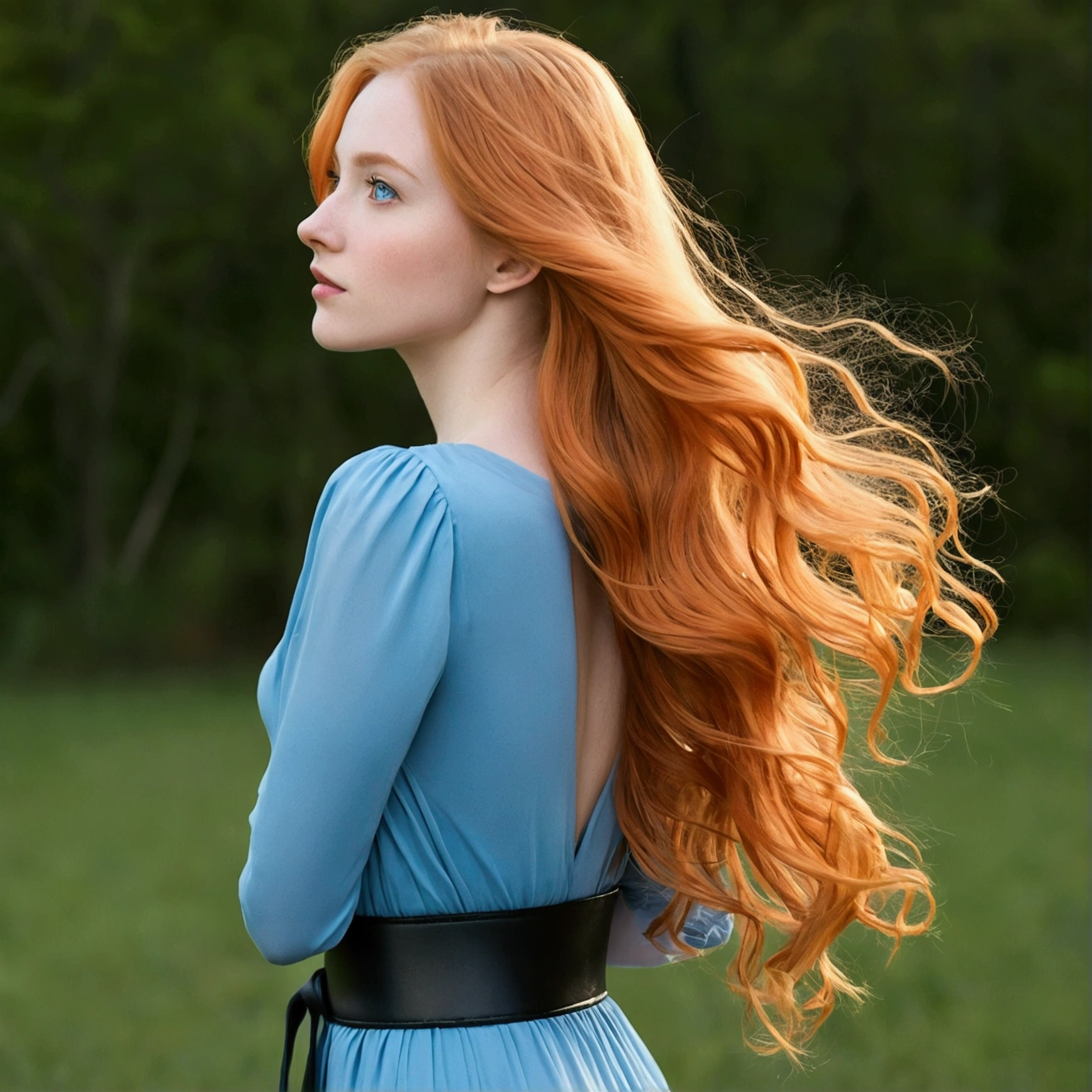 Looking forward in profile, a girl with her long orange hair falling in soft waves to the middle of her back. Her delicate face has a straight nose and big blue eyes.. She wears a blue dress that highlights her slender figure., with a wide black belt that accentuates her waist. His posture is straight and serene, often with a hand on the hip. Her light skin and black boots complete her look., giving an elegant and mysterious impression.