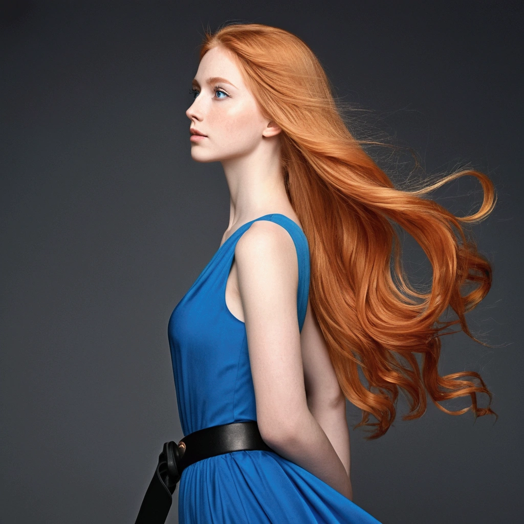 Looking forward in profile, a girl with her long orange hair falling in soft waves to the middle of her back. Her delicate face has a straight nose and big blue eyes.. She wears a blue dress that highlights her slender figure., with a wide black belt that accentuates her waist. His posture is straight and serene, often with a hand on the hip. Her light skin and black boots complete her look., giving an elegant and mysterious impression.