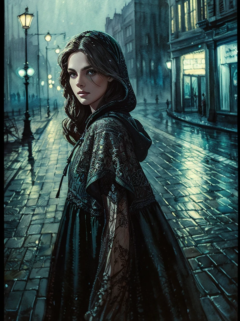 Adorable night vision, stunning dress woman figure in a dark intricately detailed hood in the street roads ,rainy night,perfect pro-style cinemontage art,Chiaroscuro, light of games in the backgrounds, watercolor wash and wax style, Enchanting art, Artfully arranged By Guy Denning, 24K, deep breath pro-style art, realist view,