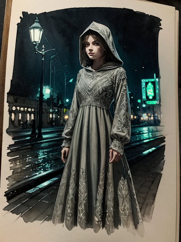 Adorable night vision, stunning dress woman figure in a dark intricately detailed hood in the street roads ,rainy night,perfect pro-style cinemontage art,Chiaroscuro, light of games in the backgrounds, watercolor wash and wax style, Enchanting art, Artfully arranged By Guy Denning, 24K, deep breath pro-style art, realist view,