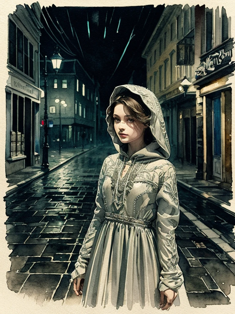 Adorable night vision, stunning dress woman figure in a dark intricately detailed hood in the street roads ,rainy night,perfect pro-style cinemontage art,Chiaroscuro, light of games in the backgrounds, watercolor wash and wax style, Enchanting art, Artfully arranged By Guy Denning, 24K, deep breath pro-style art, realist view,