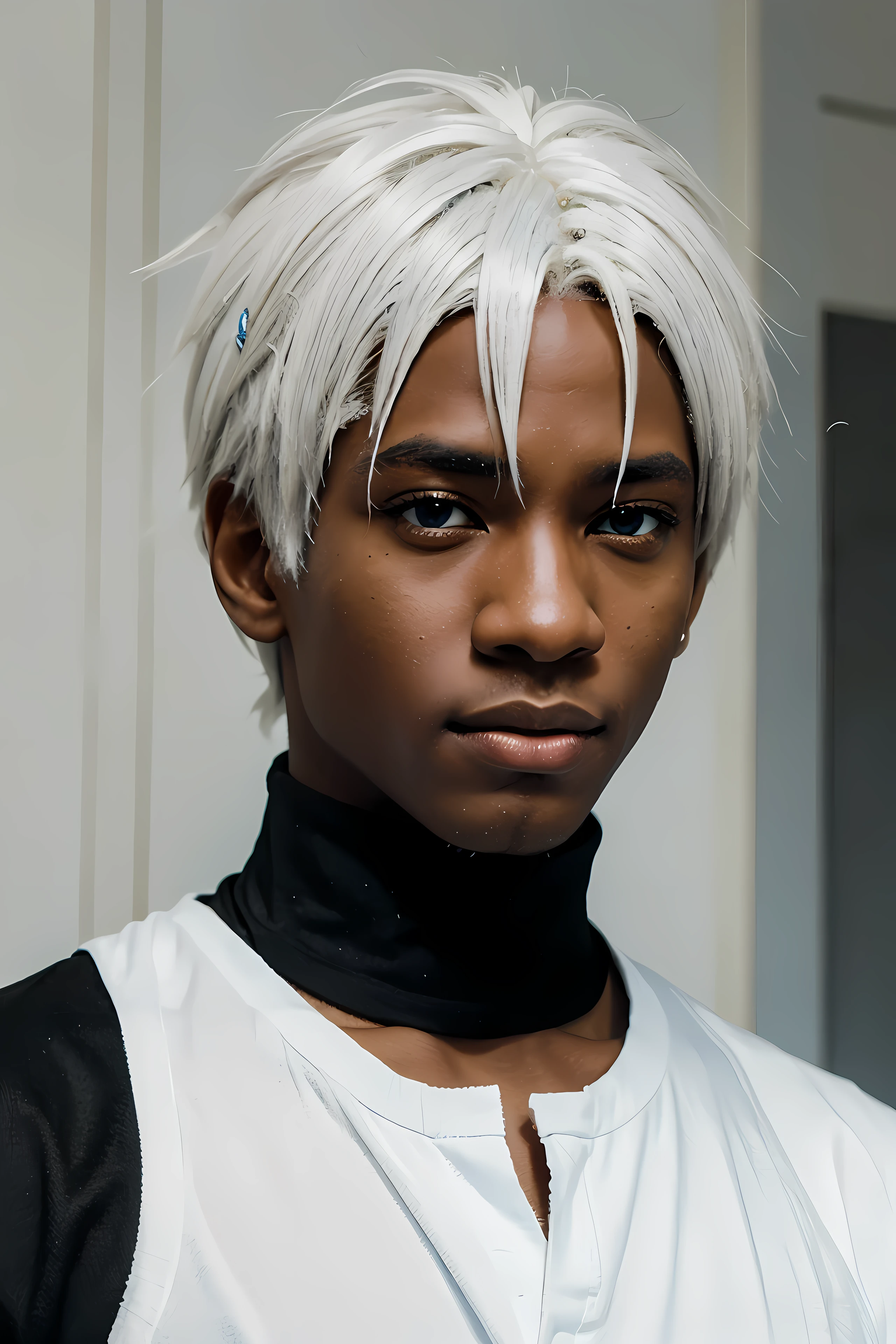 Black boy with white hair and blue eyes, in anime form