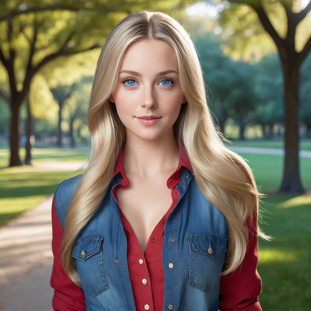 "A photorealistic picture of a beautiful 25-year-old American girl with long, medium size bust,tiny attractive nose, flowing blonde hair and striking blue eyes with wearing red shirt and jeans. She should have a natural, approachable expression and be illuminated by soft.Instagram photo. She is in the park, her hands are not captured in the photo, Capture this image with a high-resolution photograph.
