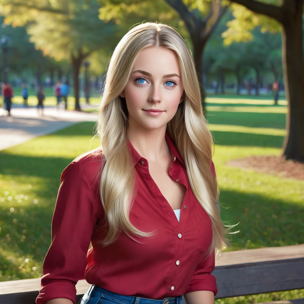 "A photorealistic picture of a beautiful 25-year-old American girl with long, medium size bust,tiny attractive nose, flowing blonde hair and striking blue eyes with wearing red shirt and jeans. She should have a natural, approachable expression and be illuminated by soft.Instagram photo. She is in the park, her hands are not captured in the photo, Capture this image with a high-resolution photograph.
