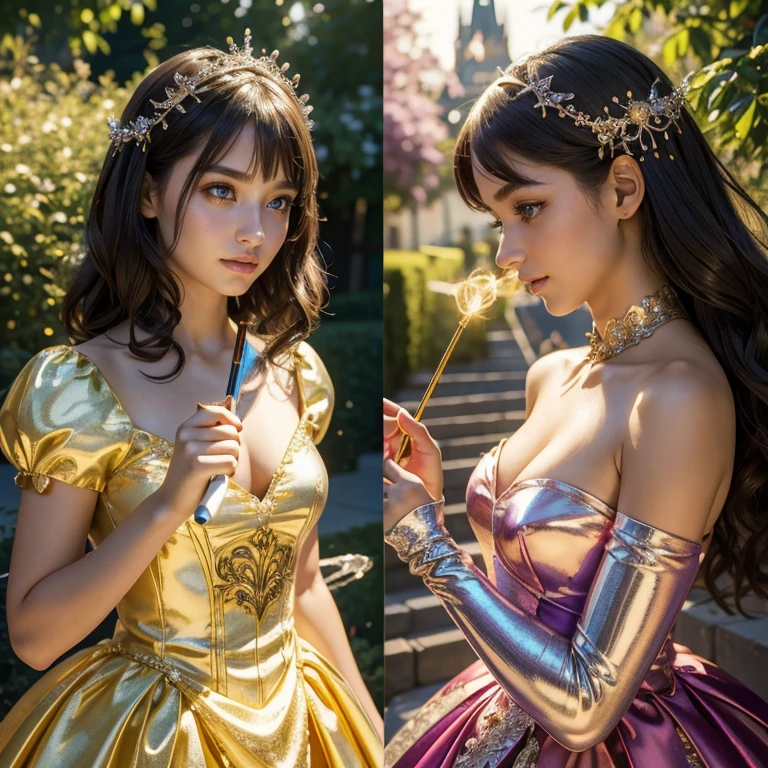 (​masterpiece, best quality:1.5), highest quality, High resolution, super detailed, Realists, Upper body photo of a brunette 14-year-old magical girl, detailed and beautiful eyes, beautiful detailed lips, very detailed eyes and face, longeyelashes, shiny satin dress, Holding a magic wand in your hand, Cast a transformation spell, Spiders transform into shiny fabric, Magic wands present and shiny, Beautiful and colorful makeup, elegant and noble々The jewelry bag, Gardens as background, soft daylight, bright colors, fine brushstrokes, Portrait style, Silk dress fabric, beautiful color palette, glowing skin, First-class rendering, that captures every detail, enchanting atmosphere, subtle shadows and lights, (perfect anatomy:1.2), (The two stunning 14 and 12 year old Magical Girls transform spiders into shiny fabric  (a transformation with the magic wand:1.4), (magnificent panorama view:1.2)