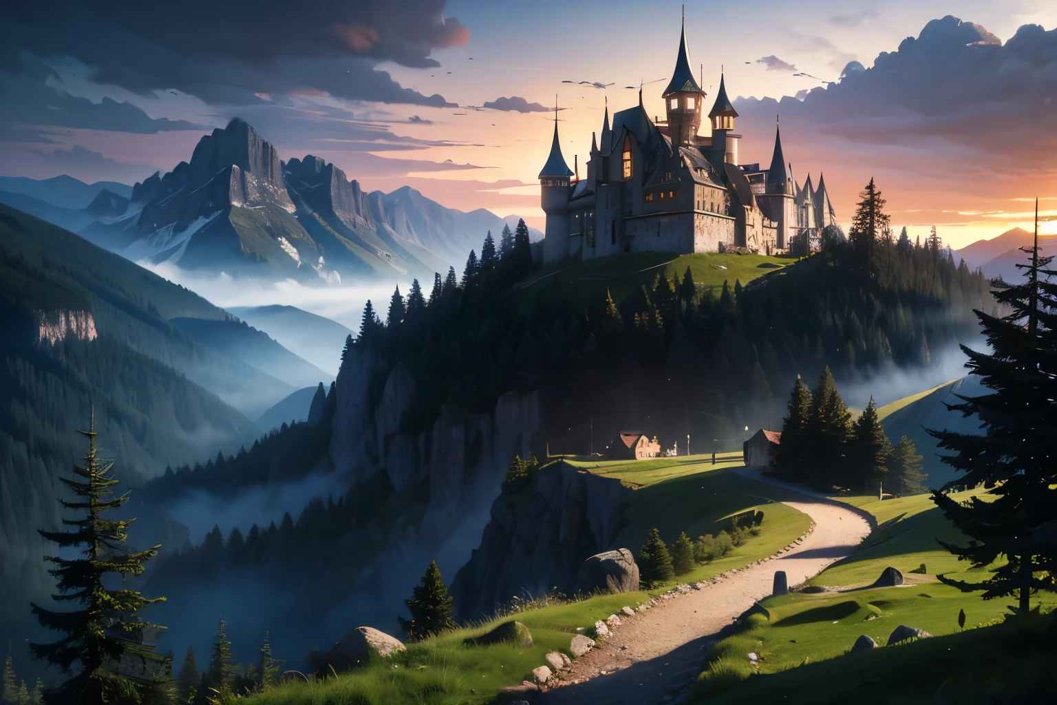 a medieval european castle on a mountain, pine trees, mountain path, fantasy landscape, detailed architecture, dramatic lighting, cinematic composition, highly detailed, 8k, photorealistic, intricate details, stunning scenery, atmospheric lighting, vibrant colors, masterpiece