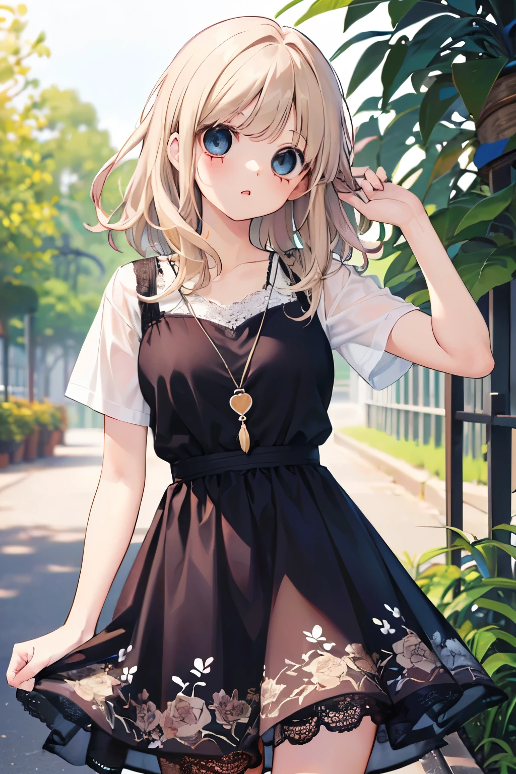 ( cute girl1.3),(柔らかい胸:1.0),(beige  hair:1.2),(medium hair:1.1),(twilight eyes:1.2),((White lace,botanical pattern dress:1.2)),short sleeve,short hem clothes,open your mouth,kiss face,red cheek,((恥ずかしそうな照れた顔:1.15)).