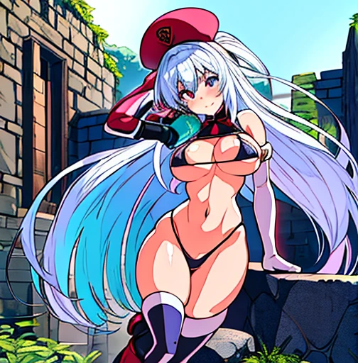 on a wall chained in a stone prison pretty ragged anime characters together over one another over the top of them a hard light blushing lewd face while wearing very tight boots micro leaf bikini, standing an animated figure with white skinny body a bread and a goey goop behind her is speech bubble