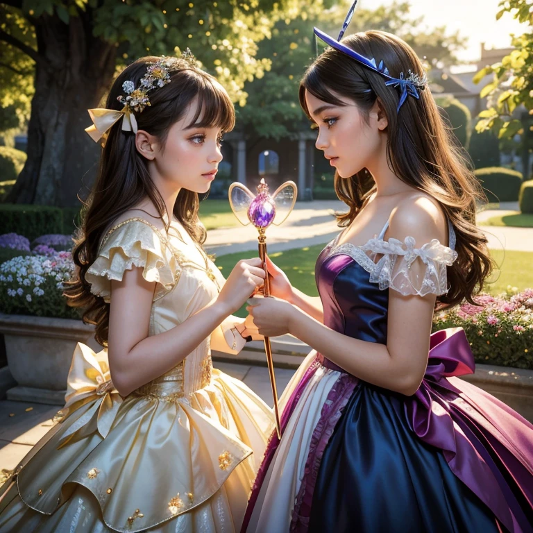 (masterpiece, best quality:1.5), highest quality, High resolution, super detailed, Realists, Upper body photo of a brunette 14-year-old magical girl, detailed and beautiful eyes, beautiful detailed lips, very detailed eyes and face, longeyelashes, shiny satin dress, Holding a magic wand in your hand, Cast a transformation spell, Spiders turn into butterflies, Magic wands present and shiny, Beautiful and colorful makeup, elegant and noble々The jewelry bag, Gardens as background, soft daylight, bright colors, fine brushstrokes, Portrait style, Silk dress fabric, beautiful color palette, glowing skin, First-class rendering, that captures every detail, enchanting atmosphere, subtle shadows and lights, (perfect anatomy:1.2), (The two stunning 14 and 12 year old Magical Girls transform spiders into butterflies (a transformation with the magic wand:1.4), (magnificent panorama view:1.2)