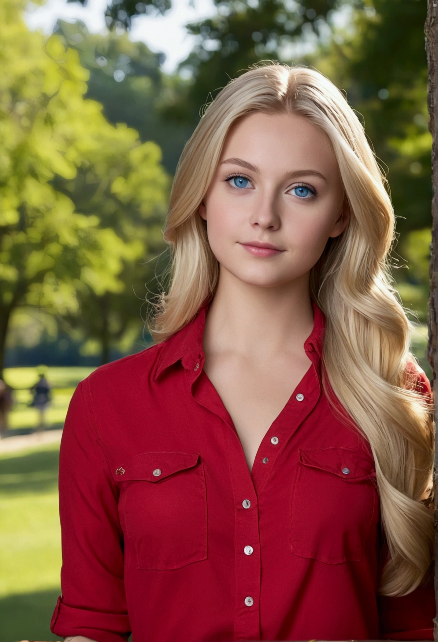 "A photorealistic picture of a beautiful 25-year-old American girl with long, medium size bust,tiny attractive nose, flowing blonde hair and striking blue eyes with wearing red shirt and jeans. She should have a natural, approachable expression and be illuminated by soft.Instagram photo. She is in the park, her hands are not captured in the photo, Capture this image with a high-resolution photograph.
