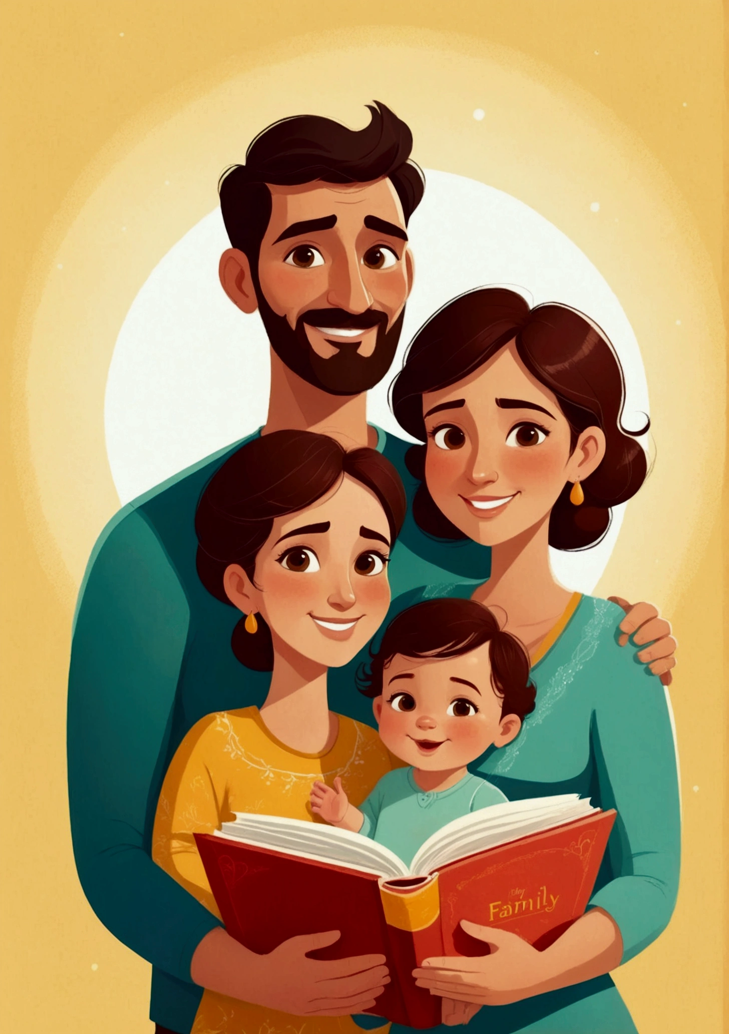 create an illustration of family consists of three person: a spanish looking father, mother and their one baby, they hold him. they look very happy together as a family, book illustration style,
