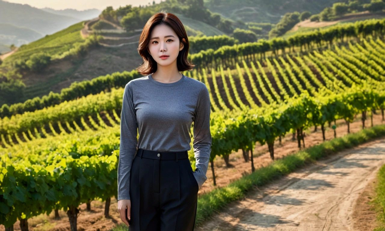 Korean woman with short and medium hair wearing a luxury brand long-sleeved shirt, short and , very beautiful.!, Get inspired by Son Ye-jin, 8K vertical rendering, photo realistic beautiful face, big eyes,double eyelid, black eye, Wear a dark round neck t-shirt. gray casual pants. Warm light in vineyards at dawn in rural Italy, The morning sun shines beautifully. Standing on a curved path. (digital painting, HDR, high contrast),, (best quality:1.4, 8k 3D, 45,000,000,000,pixel,),(masterpiece:1.3),(sharp focus:1.2),(Full body shot with Canon camera 16-35 wide angle lens, 포도 밭이 내려다 보이는 언덕 위 Standing on a curved path, 32 inches ,