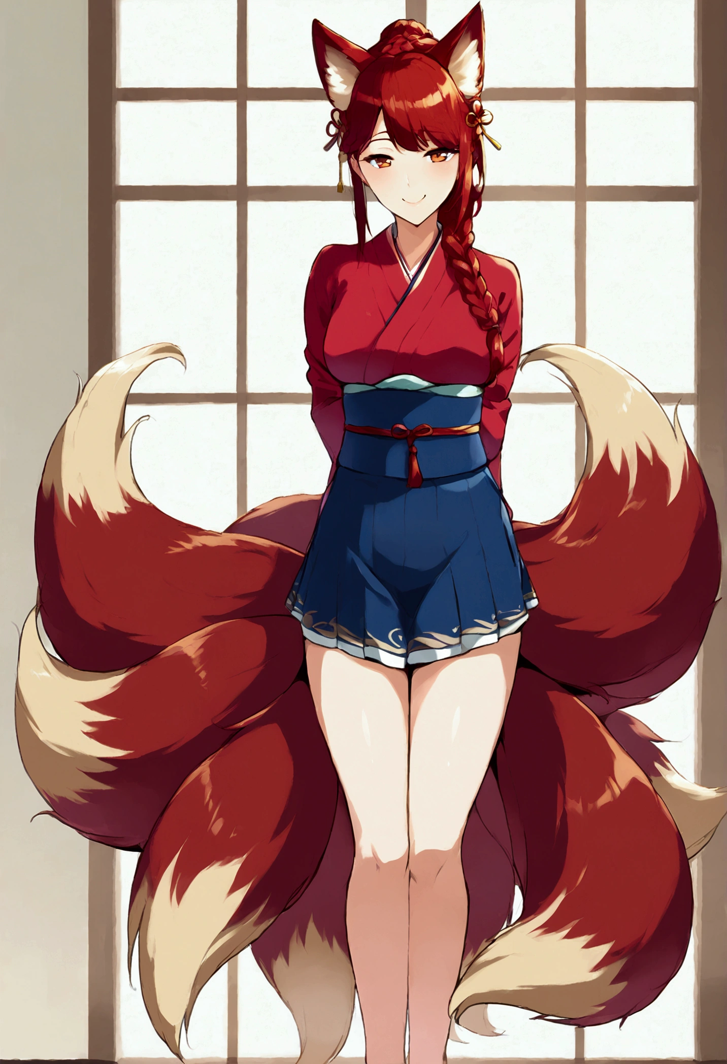 work of art, best qualityer, 1 girl, IncrsAhri, multiple tails, fox tail, korean clothes, overskirt, Braid, arms behind the back, seducing smile,