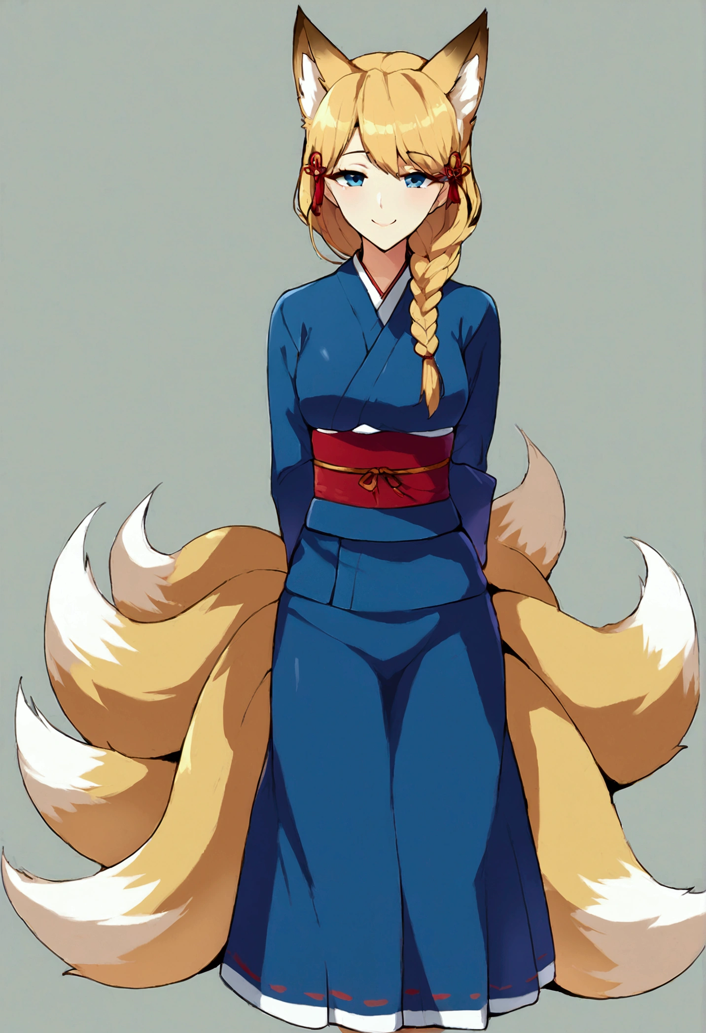 work of art, best qualityer, 1 girl, IncrsAhri, multiple tails, fox tail, korean clothes, overskirt, Braid, arms behind the back, seducing smile,