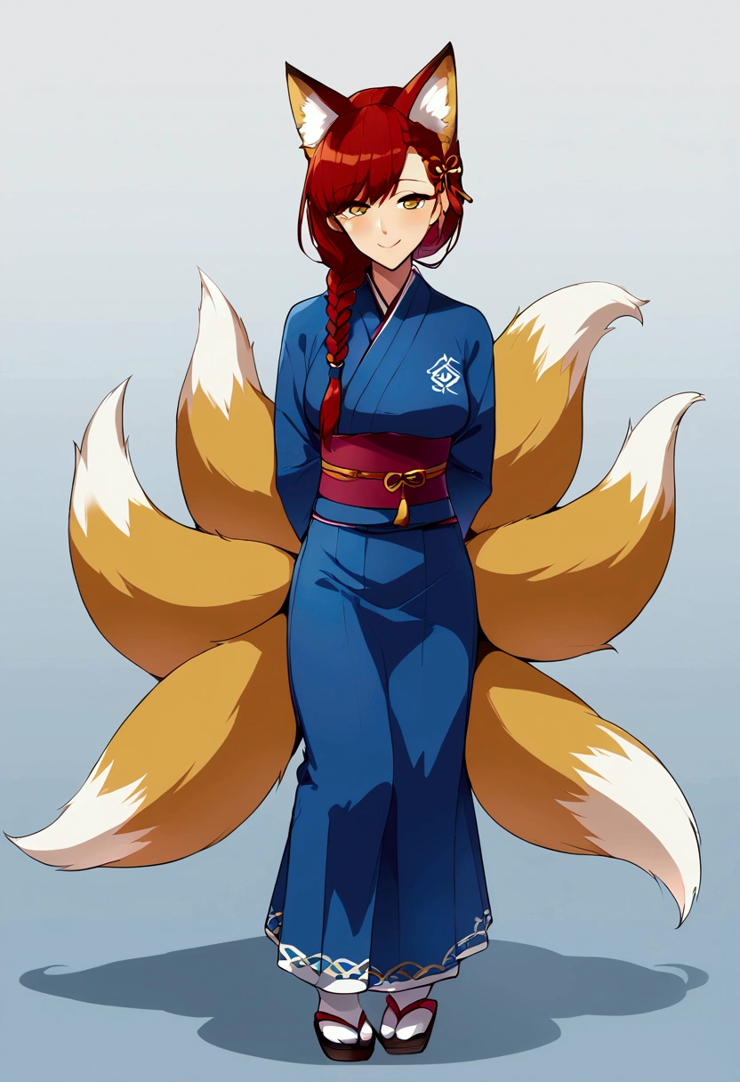 work of art, best qualityer, 1 girl, IncrsAhri, multiple tails, fox tail, korean clothes, overskirt, Braid, arms behind the back, seducing smile,
