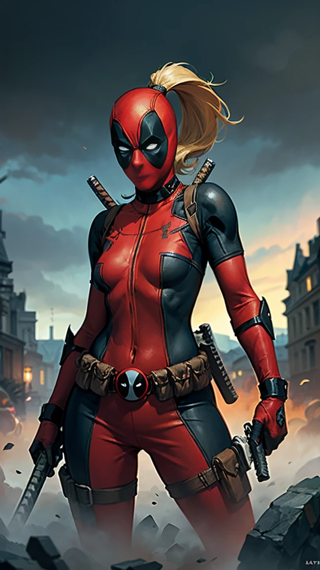 masterpiece, best quality, highres, contrapposto,BodySuit_lady_deadpool_ownwaifu,
1girl, mask, blonde hair, ponytail, long hair, large breasts, no pupils, 
bodysuit, skin tight, superhero, belt pouch, utility belt, red bodysuit, gloves, weapon on back, thigh pouch, thigh strap, thigh holster, belt buckle, turtleneck, light particles, depth_of_field, scenery, night, closeup, solo,Epic Fantasy Art Style HD, 4K fantasy art, epic fantasy digital art style, epic fantasy art style, Fantasy Woman, epic fantasy art portrait, Epic fantasy style, hyperrealistic fantasy art, hd fantasy art, Epic fantasy character art, epic fantasy art, in style of dark fantasy art, epic fantasy digital art, ,(Fondo de ruinas de mazmorra en ruinas:1.4 ), (iluminación cinematográfica :1.4), (pose vaquero), (Lady Deadpool:1.4), (Lady Deadpool:V2.1), 