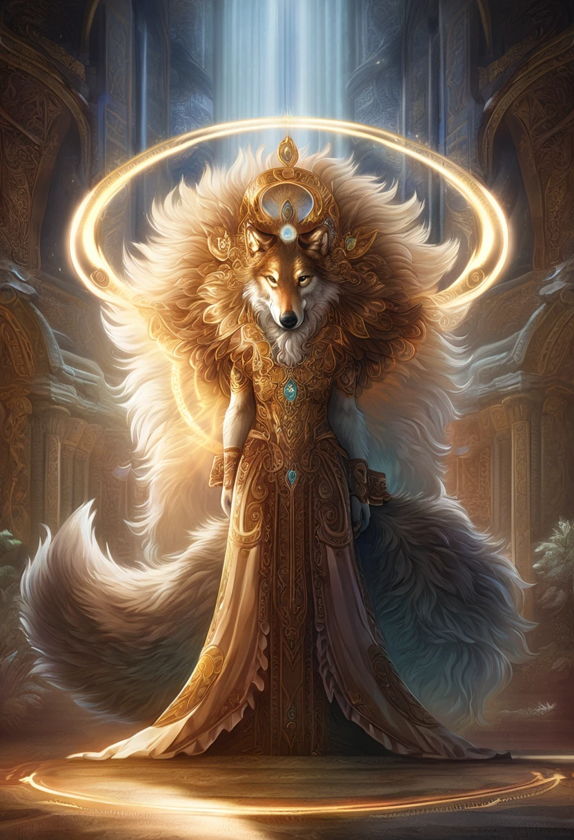 A breathtakingly detailed (((full body shot))) featuring a fantastically drawn (((anthro wolf gorgeous))) adorned in ornate spellcasting garb, with a luxuriously flowing (((frilly fluffy mane fur))), evoking a sense of ancient magic and sorcery. The wolf is posed in a (((serene poise))) as it conjures a brilliant (((halo of light))), with interwoven concentric circles representing 6 divine layers, all against a (((cinematic backdrop))) that exudes high-fidelity detail and 8K resolution, highlighting the intricate details of the spellcaster's attire and environment