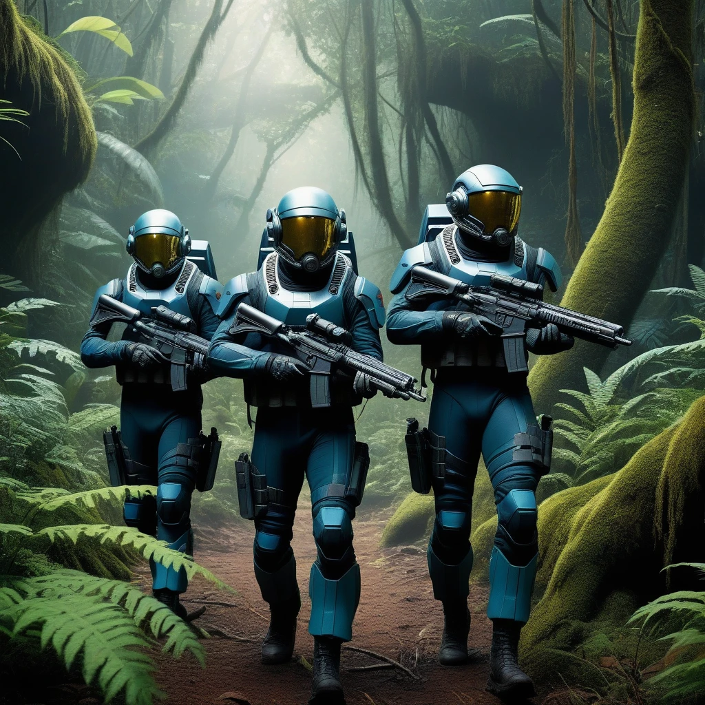 photorealistic, hyperrealistic, intricate, detailed, true to life, in a distant planet, a group  soldiers with futuristic space outfits and guns are walking in a weird strange deformed dense jungle ,  clear skies, beautiful scenery, strange sky, strange terrain, 