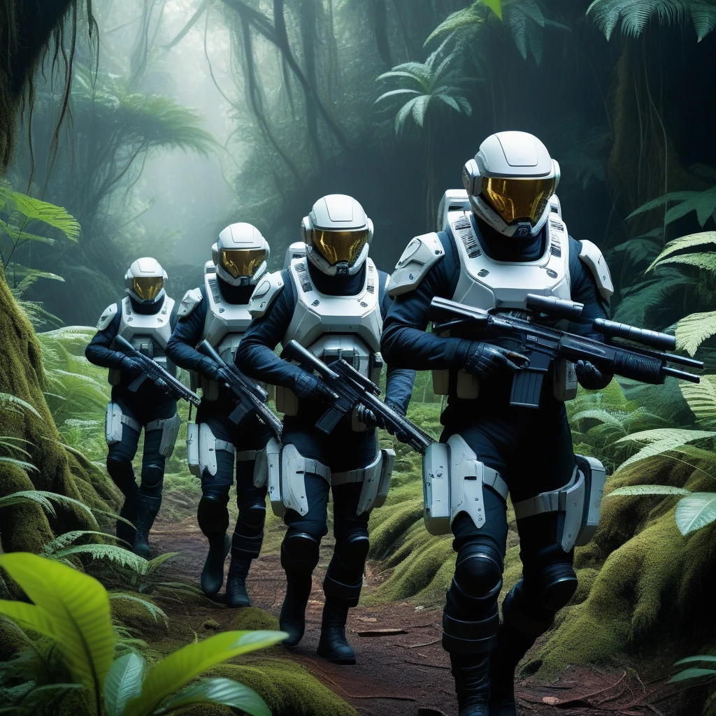 photorealistic, hyperrealistic, intricate, detailed, true to life, in a distant planet, a group  soldiers with futuristic space outfits and guns are walking in a weird strange deformed dense jungle ,  clear skies, beautiful scenery, strange sky, strange terrain, 