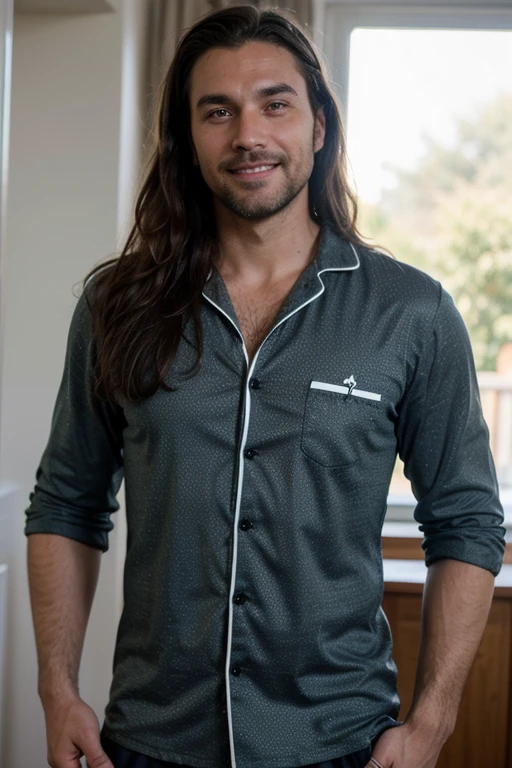 Tall 1.85 metres, English Male, 38 years old, muscular, thin, unshaved stubble beard, olive skin, tanned, handsome green eyes, deep sight, wavy long hair,  classy dressed casual badass, in black clothes smiling,  he wears blue pyjamas