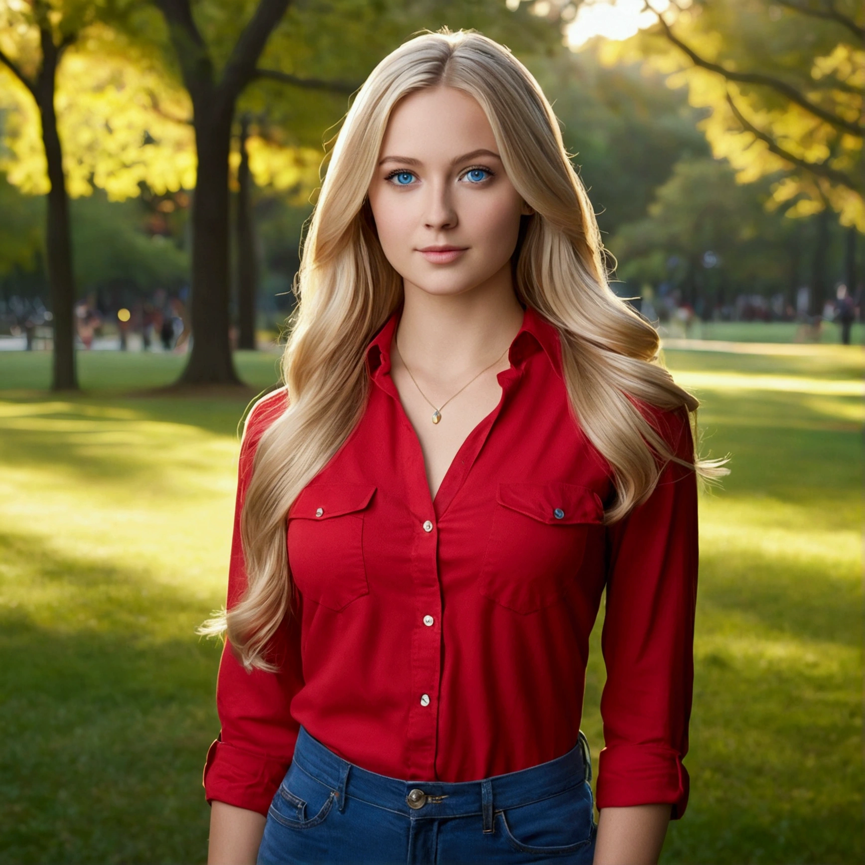 "A photorealistic picture of a beautiful 25-year-old American girl with long, medium size breast,hour glass shape,tiny attractive nose, flowing blonde hair and striking blue eyes with wearing red shirt and jeans. She should have a natural, approachable expression and be illuminated by soft.Instagram photo. She is in the park, her hands are not captured in the photo, Capture this image with a high-resolution photograph.
